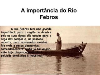 O Rio Febros tem uma grande importância para a região de Avintes pois as suas águas são usadas para a rega dos campos e, no passado recente, para movimentar moinhos. Rio onde a pesca desportiva, nomeadamente à Truta já foi vulgar, está hoje despovoado devido à poluição doméstica e industrial.   A importância do Rio Febros 