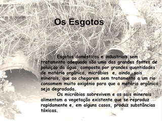 Esgotos domésticos e industriais sem tratamento adequado são uma das grandes fontes de poluição da água, composto por grandes quantidades de matéria orgânica, micróbios  e, ainda, sais minerais, que ao chegarem sem tratamento a um rio consomem muito oxigénio para que a matéria orgânica seja degradada.  Os micróbios sobrevivem e os sais minerais alimentam a vegetação existente que se reproduz rapidamente e, em alguns casos, produz substâncias tóxicas.  Os Esgotos 