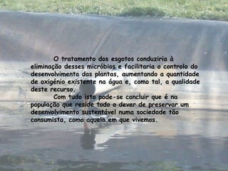 O tratamento dos esgotos conduziria à eliminação desses micróbios e facilitaria o controlo do desenvolvimento das plantas, aumentando a quantidade de oxigénio existente na água e, como tal, a qualidade deste recurso.  Com tudo isto pode-se concluir que é na população que reside todo o dever de preservar um desenvolvimento sustentável numa sociedade tão consumista, como aquela em que vivemos.  