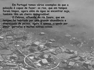 Em Portugal temos vários exemplos do que a poluição é capaz de fazer: os rios, que em tempos foram limpos, agora além da água se encontrar suja, também têm um cheiro desagradável.  O Febros, afluente do rio Douro, que em tempos foi habitado por uma grande abundância e diversidade de peixes, agora é apenas ocupado por pneus, garrafas e muitas outras coisas.  