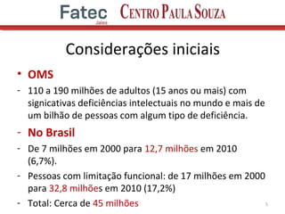 Considerações iniciais
• OMS
- 110 a 190 milhões de adultos (15 anos ou mais) com
signicativas deficiências intelectuais no mundo e mais de
um bilhão de pessoas com algum tipo de deficiência.
- No Brasil
- De 7 milhões em 2000 para 12,7 milhões em 2010
(6,7%).
- Pessoas com limitação funcional: de 17 milhões em 2000
para 32,8 milhões em 2010 (17,2%)
- Total: Cerca de 45 milhões 5
 