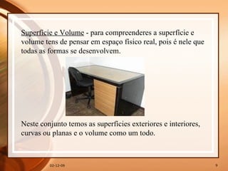 07-06-09 Superfície e Volume  - para compreenderes a superfície e volume tens de pensar em espaço físico real, pois é nele que todas as formas se desenvolvem.        Neste conjunto temos as superfícies exteriores e interiores, curvas ou planas e o volume como um todo. 