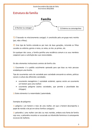 Escola Secundária São João da Talha
Ano lectivo 2015/2016
3
Estrutura da família
Família
1) É baseada no relacionamento conjugal, é constituída pelo um grupo mais restrito
(pai, mãe e filhos).
2) Este tipo de família estende-se por mais de duas gerações, incluindo os filhos
casados ou solteiros, genros e noras, os netos, os tios ,os primos, etc.
Em qualquer dos casos, a família partilha uma residência comum e os seus membros
cooperam para a satisfação das suas necessidades.
Os dois elementos institucionais centrais da família são:
1) Casamento- é o padrão socialmente aprovado para que duas ou mais pessoas
estabeleçam uma família.
Tipo de casamentos varia de sociedade para sociedade consoante os valores, práticas
sociais e cultura das diferentes sociedades.
 casamento monogâmico ( sociedade ocidental, apenas existe um casamento
um homem para uma mulher)
 casamento polígamo (outras sociedades, que permite a pluralidade dos
cônjuges)
2) Outro elemento é a maternidade / paternidade.
Exemplos de poligamia:
1) poliginia ( um homem e mais de uma mulher, em que o homem desempenha o
papel de marido e de pai em várias famílias conjugais)
2) poliandria ( uma mulher com dois ou mais maridos, embora esta forma de familia
seja rara, a poliandria encontra-se associada ao infanticídio feminino e á consequente
escassez de mulheres.
1) Nuclear ou conjugal 2) Extensa ou consanguínea
 