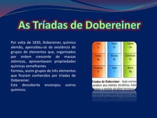 Por volta de 1830, Dobereiner, químico
alemão, apercebeu-se da existência de
grupos de elementos que, organizados
por ordem crescente de massas
atómicas, apresentavam propriedades
químicas semelhantes
Formou, assim grupos de três elementos
que ficaram conhecidos por tríadas de
Dobereiner.
Esta descoberta encorajou outros
químicos.
 