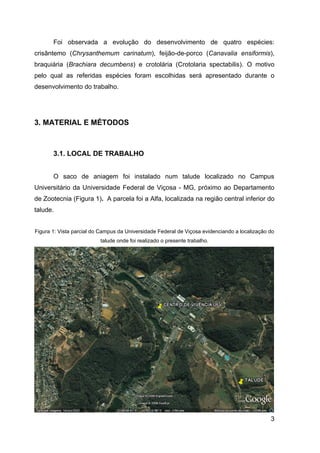 Foi observada a evolução do desenvolvimento de quatro espécies:
crisântemo (Chrysanthemum carinatum), feijão-de-porco (Canavalia ensiformis),
braquiária (Brachiara decumbens) e crotolária (Crotolaria spectabilis). O motivo
pelo qual as referidas espécies foram escolhidas será apresentado durante o
desenvolvimento do trabalho.




3. MATERIAL E MÉTODOS



       3.1. LOCAL DE TRABALHO


       O saco de aniagem foi instalado num talude localizado no Campus
Universitário da Universidade Federal de Viçosa - MG, próximo ao Departamento
de Zootecnia (Figura 1). A parcela foi a Alfa, localizada na região central inferior do
talude.


Figura 1: Vista parcial do Campus da Universidade Federal de Viçosa evidenciando a localização do
                          talude onde foi realizado o presente trabalho.




                                                                                               3
 