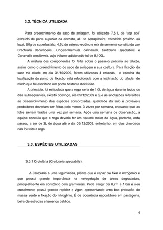 3.2. TÉCNICA UTILIZADA


      Para preenchimento do saco de aniagem, foi utilizado 7,5 L de “top soil”
extraído da parte superior da encosta, 4L de serrapilheira, recolhida próximo ao
local, 90g de superfosfato, 4,5L de esterco eqüino e mix de semente constituído por
Brachiara decumbens, Chrysanthemum carinatum, Crotolaria spectabilis e
Canavalia ensiformis, cujo volume adicionado foi de 0,100L.
       A mistura dos componentes foi feita sobre o passeio próximo ao talude,
assim como o preenchimento do saco de aniagem e sua costura. Para fixação do
saco no talude, no dia 31/10/2009, foram utilizadas 4 estacas.           A escolha da
localização do ponto de fixação está relacionada com a inclinação do talude, de
modo que foi escolhido um ponto bastante declivoso.
       A princípio, foi estipulada que a rega seria de 1,0L de água durante todos os
dias subseqüentes, exceto domingo, até 05/12/2009 e que as anotações referentes
ao desenvolvimento das espécies consorciadas, qualidade do solo e prováveis
predadores deveriam ser feitas pelo menos 3 vezes por semana, enquanto que as
fotos seriam tiradas uma vez por semana. Após uma semana de observação, a
equipe concluiu que a rega deveria ter um volume maior de água, portanto, esta
passou a ser de 2L de água até o dia 05/12/2009, entretanto, em dias chuvosos
não foi feita a rega.



       3.3. ESPÉCIES UTILIZADAS



      3.3.1 Crotolária (Crotolaria spectabilis)


        A Crotolária é uma leguminosa, planta que é capaz de fixar o nitrogênio e
que    possui   grande    importância    na   revegetação   de   áreas    degradadas,
principalmente em consórcio com gramíneas. Pode atingir de 0,7m a 1,0m e seu
crescimento possui grande rapidez e vigor, apresentando uma boa produção de
massa verde e fixação do nitrogênio. É de ocorrência espontânea em pastagens,
beira de estradas e terrenos baldios.


                                                                                    4
 