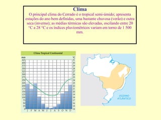 Clima O principal clima do Cerrado é o tropical semi-úmido; apresenta estações do ano bem definidas, uma bastante chuvosa (verão) e outra seca (inverno); as médias térmicas são elevadas, oscilando entre 20 °C a 28 °C e os índices pluviométricos variam em torno de 1 500 mm.                                                                                                     