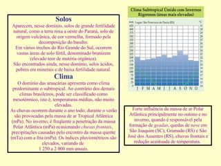 Solos Aparecem, nesse domínio, solos de grande fertilidade natural, como a terra roxa a oeste do Paraná, solo de origem vulcânica, de cor vermelha, formado pela decomposição do basalto. Em vários trechos do Rio Grande do Sul, ocorrem vastas áreas de solo fértil, denominado brunizem (elevado teor de matéria orgânica). São encontrados ainda, nesse domínio, solos ácidos, pobres em minerais e de baixa fertilidade natural. Clima O domínio das araucárias apresenta como clima predominante o subtropical. Ao contrário dos demais climas brasileiros, pode ser classificado como mesotérmico, isto é, temperaturas médias, não muito elevadas. As chuvas ocorrem durante o ano todo; durante o verão são provocadas pela massa de ar Tropical Atlântica (mPa). No inverno, é freqüente a penetração da massa Polar Atlântica (mPa) ocasionando  chuvas frontais ,  precipitações causadas pelo encontro da massa quente (mTa) com a fria (mPa). Os índices pluviométricos são elevados, variando de  1 250 a 2 000 mm anuais. Forte influência da massa de ar Polar Atlântica principalmente no outono e no inverno, quando é responsável pela formação de  geadas , quedas de  neve  em São Joaquim (SC), Gramado (RS) e São José dos Ausentes (RS), chuvas frontais e redução acentuada de temperatura.  