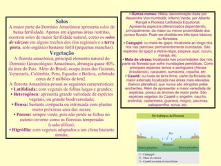 Solos A maior parte do Domínio Amazônico apresenta  solos  de baixa fertilidade. Apenas em algumas áreas restritas, ocorrem solos de maior fertilidade natural, como os  solos de várzeas  em alguns trechos dos rios regionais e a  terra preta , solo orgânico bastante fértil (pequenas manchas). Vegetação A floresta amazônica, principal elemento natural do Domínio Geoecológico Amazônico, abrangia quase 40% da área do País. Além do Brasil, ocupa áreas das Guianas, Venezuela, Colômbia, Peru, Equador e Bolívia, cobrindo cerca de 5 milhões de km2.  A floresta Amazônica possui as seguintes características: •   Latifoliada:  com vegetais de folhas largas e grandes; •   Heterogênea:  apresenta grande variedade de espécies vegetais, ou grande biodiversidade; •   Densa:  bastante compacta ou intrincada com plantas muito próximas uma das outras; •   Perene:  sempre verde, pois não perde as folhas no outono-inverno como as florestas temperadas ( caducifólias ); •   Higrófila:  com vegetais adaptados a um clima bastante úmido; •   Outros nomes:  Hiléia, denominação dada por Alexandre Von Humboldt, Inferno Verde, por Alberto Rangel e Floresta Latifoliada Equatorial. Apresenta aspectos diferenciados dependendo, principalmente, da maior ou menor proximidade dos  cursos fluviais . Pode ser dividida em três tipos básicos ou florestais: •  Caaigapó:  ou mata de igapó, localizada ao longo dos rios nas planícies permanentemente inundadas. São espécies do Igapó a vitória-régia, piaçava, açaí, cururu, marajá, etc. •   Mata de várzea:  localizada nas proximidades dos rios, parte da floresta que sofre inundações periódicas. Como principais espécies temos a seringueira ( Hevea brasiliensis ), cacaueiro, sumaúma, copaíba, etc. •   Caaetê:  ou mata de terra firme, parte da floresta de maior extensão localizada nas áreas mais elevadas (baixos planaltos), que nunca são atingidas pelas enchentes. Além de apresentar a maior variedade de espécies, possui as árvores de maior porte. São espécies vegetais do Caaetê o angelim, caucho, andiroba, castanheira, guaraná, mogno, pau-rosa, salsaparrilha, sorva, etc. 