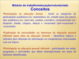 Módulo do trabalho/educação/voluntariado Conceitos Participação na educação formal –  inclui as categorias de participação académica (ex: matemática, ler, estudar para um curso), não académica (ex: intervalo, cantina, corredor), extracurricular (ex: desporto, banda, claques, dança) e vocacional (pré-vocacional e vocacional). Exploração de necessidades ou interesses de educação pessoal informal (para além da educação formal) -  identificar tópicos e métodos para obtenção de informação ou competências relacionadas com um tópico. Participação na educação pessoal informal -  participação em aulas, programas e actividades que dêem instrução/treino em áreas de interesse identificadas. 