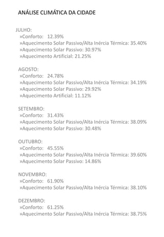ANÁLISE CLIMÁTICA DA CIDADE 
JULHO: 
»Conforto: 12.39% 
»Aquecimento Solar Passivo/Alta Inércia Térmica: 35.40% 
»Aquecimento Solar Passivo: 30.97% 
»Aquecimento Artificial: 21.25% 
AGOSTO: 
»Conforto: 24.78% 
»Aquecimento Solar Passivo/Alta Inércia Térmica: 34.19% 
»Aquecimento Solar Passivo: 29.92% 
»Aquecimento Artificial: 11.12% 
SETEMBRO: 
»Conforto: 31.43% 
»Aquecimento Solar Passivo/Alta Inércia Térmica: 38.09% 
»Aquecimento Solar Passivo: 30.48% 
OUTUBRO: 
»Conforto: 45.55% 
»Aquecimento Solar Passivo/Alta Inércia Térmica: 39.60% 
»Aquecimento Solar Passivo: 14.86% 
NOVEMBRO: 
»Conforto: 61.90% 
»Aquecimento Solar Passivo/Alta Inércia Térmica: 38.10% 
DEZEMBRO: 
»Conforto: 61.25% 
»Aquecimento Solar Passivo/Alta Inércia Térmica: 38.75%  