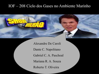 Alexandre De Caroli
Dante C. Napolitano
Gabriel C. A. Paschoal
Mariana R. A. Souza
Roberto T. Oliveira
IOF – 208 Ciclo dos Gases no Ambiente Marinho
 