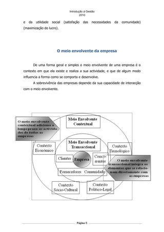 Introdução á Gestão
                                           2010

e   da    utilidade   social   (satisfação   das   necessidades   da   comunidade)
(maximização do lucro).




                         O meio envolvente da empresa


         De uma forma geral e simples o meio envolvente de uma empresa é o
contexto em que ela existe e realiza a sua actividade, e que de algum modo
influencia a forma como se comporta e desenvolve.
         A sobrevivência das empresas depende da sua capacidade de interacção
com o meio envolvente.




                                        Página 6
 