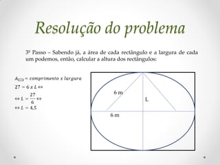 Resolução do problema
3º Passo – Sabendo já, a área de cada rectângulo e a largura de cada
um podemos, então, calcular a altura dos rectângulos:




                                  6m
                                               L

                                 6m
 