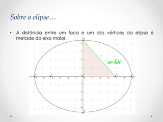 Sobre a elipse…

•   A distância entre um foco e um dos vértices da elipse é
    metade do eixo maior.
 