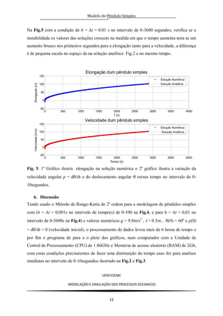 Modelo de Pêndulo Simples
UEM ESCMC
MODELAÇÂO E SIMULAÇÂO DOS PROCESSOS OCEANICOS
12
Na Fig.5 com a condição de h = t = 0.01 s no intervalo de 0-3600 segundos, verifica se a
instabilidade os valores das soluções crescem na medida em que o tempo aumenta nota se um
aumento brusco nos primeiros segundos para a elongação tanto para a velocidade, a diferença
é de pequena escala no espaço da na solução analítica Fig.2 e no mesmo tempo.
Fig. 5. 1º Gráfico ilustra elongação na solução numérica o 2º gráfico ilustra a variação da
velocidade angular p = d/dt e do deslocamento angular versus tempo no intervalo de 0-
10segundos.
6. Discussão
Tendo usado o Método de Runge-Kutta de 2ª ordem para a modelagem de pêndulos simples
com (h = t = 0,001s no intervalo de tempo(s) de 0-100 na Fig.4, e para h = t = 0,01 no
intervalo de 0-3600s na Fig.4) e valores numéricos g = 9.8m/s2
, l = 0.5m , (0) = 60º e p(0)
= d/dt = 0 (velocidade inicial), o processamento de dados levou mais de 6 horas de tempo e
por fim o programa de para a o plote dos gráficos, num computador com a Unidade de
Central de Processamento (CPU) de 1.86GHz e Memória de acesso aleatório (RAM) de 2Gb,
com estas condições precisaremos de fazer uma diminuição do tempo caso for para analises
imediatas no intervalo de 0-10segundos ilustrado na Fig.2 e Fig.3.
0 500 1000 1500 2000 2500 3000 3500 4000
-50
0
50
100
150
Elongação dum pêndulo simples
T [s]
Elongação[m]
Solução Numérica
Solução Analítica
0 500 1000 1500 2000 2500 3000 3500 4000
-50
0
50
100
150
Velocidade dum pêndulo simples
Tempo [s]
Velocidade[m/s]
Solução Numérica
Solução Analítica
 