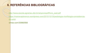 6. REFERÊNCIAS BIBLIOGRÁFICAS
http://www.escola.agrarias.ufpr.br/arquivospdf/livro_ead.pdf
https://marianaplorenzo.wordpress.com/2010/10/18/pedologia-morfologia-consistencia-
do-solo/
vimeo.com/30960568
 