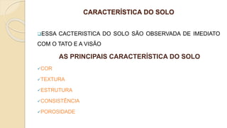 CARACTERÍSTICA DO SOLO
ESSA CACTERISTICA DO SOLO SÃO OBSERVADA DE IMEDIATO
COM O TATO E A VISÃO
AS PRINCIPAIS CARACTERÍSTICA DO SOLO
COR
TEXTURA
ESTRUTURA
CONSISTÊNCIA
POROSIDADE
 