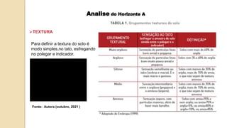 Analise do Horizonte A
TEXTURA
Para definir a textura do solo é
modo simples,no tato, esfregando
no polegar e indicador.
Fonte: Autora (outubro, 2021 )
 