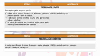 REGRAS ARBITRAGEM
OBTENÇÃO DE PONTOS
Uma equipa ganha um ponto quando:
 coloca a bola no solo do campo do adversário, passando
por cima da rede e entre as varetas;
 o adversário comete uma falta ou uma falha (por exemplo
coloca a bola fora);
 há marcação contínua, isto é, qualquer equipa marca ponto,
mesmo que não tenha efetuado o serviço.
O árbitro assinala o ponto.
REGRAS ARBITRAGEM
RECUPERAÇÃO DO SERVIÇO
A equipa que não está de posse do serviço e ganha a jogada
recupera o serviço e marca ponto.
O árbitro assinala o ponto e o serviço.
10
 
