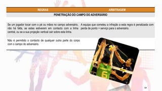 REGRAS ARBITRAGEM
PENETRAÇÃO DO CAMPO DO ADVERSÁRIO
Se um jogador tocar com o pé ou mãos no campo adversário,
não há falta, se estes estiverem em contacto com a linha
central, ou se a sua projeção vertical cair sobre esta linha.
A equipa que cometeu a infração a esta regra é penalizada com
perda de ponto + serviço para o adversário.
Não é permitido o contacto de qualquer outra parte do corpo
com o campo do adversário.
14
 
