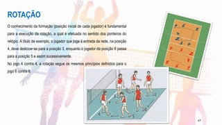 ROTAÇÃO
O conhecimento da formação (posição inicial de cada jogador) é fundamental
para a execução da rotação, a qual é efetuada no sentido dos ponteiros do
relógio. A título de exemplo, o jogador que joga à entrada da rede, na posição
4, deve deslocar-se para a posição 3, enquanto o jogador da posição 6 passa
para a posição 5 e assim sucessivamente.
No jogo 4 contra 4, a rotação segue os mesmos princípios definidos para o
jogo 6 contra 6.
17
 