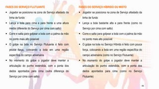 FASES DO SERVIÇO FLUTUANTE
 Jogador se posiciona na zona de Serviço afastado da
linha de fundo
 Lança a bola para cima e para frente a uma altura
média (diferente do Serviço por cima com salto)
 Corre e salta para golpear a bola com a palma da mão
no ponto mais alto possível
 O golpe na bola no Serviço Flutuante é feito com
pouca força, colocando a bola em uma região
específica do campo adversária
 No momento do golpe o jogador deve manter a
articulação do punho estendida, com a ponta dos
dedos apontados para cima (outra diferença do
Serviço por cima com salto)
FASES DO SERVIÇO HÍBRIDO OU MISTO
 Jogador se posiciona na zona de Serviço afastado da
linha de fundo
 Lança a bola bastante alta e para frente (como no
Serviço por cima com salto)
 Corre e salta para golpear a bola com a palma da mão
no ponto mais alto possível
 O golpe na bola no Serviço Híbrido é feito com pouca
força, colocando a bola em uma região específica do
campo adversária (como no Serviço Flutuante)
 No momento do golpe o jogador deve manter a
articulação do punho estendida, com a ponta dos
dedos apontados para cima (como no Serviço
Flutuante)
21
 