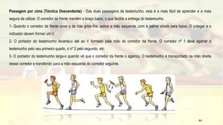 Passagem por cima (Técnica Descendente) - Das duas passagens de testemunho, esta é a mais fácil de aprender e a mais
segura de utilizar. O corredor da frente mantém o braço baixo, o que facilita a entrega do testemunho.
1- Quando o corredor da frente ouve o de trás gritar-lhe, estica a mão esquerda, com a palma virada para baixo. O polegar e o
indicador devem formar um V.
2- O portador do testemunho levanta-o até ao V formado pela mão do corredor da frente. O corredor nº 1 deve agarrar o
testemunho pelo seu primeiro quarto, o nº 2 pelo segundo, etc.
3- O portador do testemunho larga-o quando vê que o corredor da frente o agarrou. O testemunho é transportado na mão direita
desse corredor e transferido para a mão esquerda do corredor seguinte.
61
 