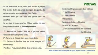 Em termos Olímpicos existem duas estafetas:
 4 x 100 metros
 4 x 400 metros
Outras Provas:
Benjamins/infantis: 4 x 60 metros
Iniciados: 4 x 80 metros
Juvenis/Juniores/Seniores: 4 x 100 metros
4 x 400 metros
PROVAS
Entre os atletas deve existir espírito de equipa, força de vontade e combatividade.
Se um atleta iniciar a sua partida após assumir a posição
final e antes do tiro de partida ou disparo do aparelho de
partida aprovado, será considerado Falsa Partida
Qualquer atleta que fizer uma falsa partida deve ser
advertido.
Se um atleta for responsável por 2 falsas partidas (no caso
das provas combinadas 3), será desqualificado.
1º - Percurso da Estafeta: deve ser o que tiver melhor
velocidade de reação (melhor saída);
2º - Percurso da Estafeta: deve ser o menos rápido;
3º - Percurso da Estafeta: deve ser o que assegura o 2º
melhor tempo;
4º e último - Percurso da Estafeta: deve ser o mais veloz.
67
 