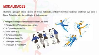 Atualmente a patinagem artística é dividida em diversas modalidades, sendo Livre Individual, Free Dance, Solo Dance, Style Dance e
Figuras Obrigatórias, além das modalidades de dupla e de grupo.
A Patinagem Artística possui diferentes especialidades, tais como:
 Patinagem Livre (PL) (programa curto e longo);
 As Figuras Obrigatórias (FO);
 O Solo Dance (SD);
 Os Pares Artísticos (PA);
 Os Pares de Dança (PD);
 A Patinagem Show (PS);
 A Patinagem de Precisão (PP).
MODALIDADES
 