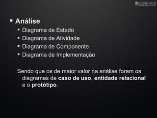  Análise
     Diagrama de Estado
     Diagrama de Atividade
     Diagrama de Componente
     Diagrama de Implementação

  Sendo que os de maior valor na análise foram os
   diagramas de caso de uso, entidade relacional
   e o protótipo.
 