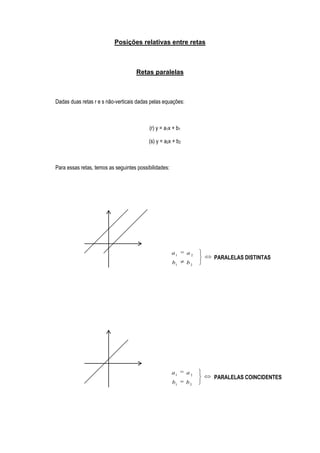 Posições relativas entre retas



                                    Retas paralelas



Dadas duas retas r e s não-verticais dadas pelas equações:



                                          (r) y = a1x + b1

                                          (s) y = a2x + b2



Para essas retas, temos as seguintes possibilidades:




                                                       a1    a2
                                                                  PARALELAS DISTINTAS
                                                       b1    b2




                                                       a1    a2
                                                                  PARALELAS COINCIDENTES
                                                       b1    b2
 