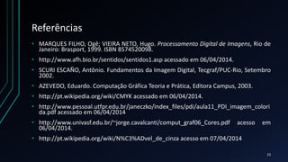 Referências
• MARQUES FILHO, Ogê; VIEIRA NETO, Hugo. Processamento Digital de Imagens, Rio de
Janeiro: Brasport, 1999. ISBN 8574520098.
• http://www.afh.bio.br/sentidos/sentidos1.asp acessado em 06/04/2014.
• SCURI ESCAÑO, Antônio. Fundamentos da Imagem Digital, Tecgraf/PUC-Rio, Setembro
2002.
• AZEVEDO, Eduardo. Computação Gráfica Teoria e Prática, Editora Campus, 2003.
• http://pt.wikipedia.org/wiki/CMYK acessado em 06/04/2014.
• http://www.pessoal.utfpr.edu.br/janeczko/index_files/pdi/aula11_PDI_imagem_colori
da.pdf acessado em 06/04/2014
• http://www.univasf.edu.br/~jorge.cavalcanti/comput_graf06_Cores.pdf acesso em
06/04/2014.
• http://pt.wikipedia.org/wiki/N%C3%ADvel_de_cinza acesso em 07/04/2014
23
 