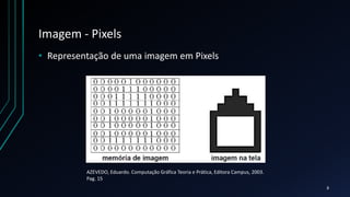 Imagem - Pixels
• Representação de uma imagem em Pixels
AZEVEDO, Eduardo. Computação Gráfica Teoria e Prática, Editora Campus, 2003.
Pag. 15
8
 