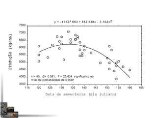 7500 
7000 
6500 
6000 
5500 
5000 
4500 
4000 
3500 
y = - 49827.663 + 842.538x - 3.164x 2 
n = 40; r2= 0.581; F = 25,634 significativo ao 
nível de probabilidade de 0.0001 
115 120 125 130 135 140 145 150 155 160 165 
Data de sementeira (dia juliano) 
 