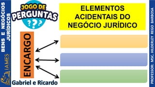 BENS
E
NEGÓCIOS
JURÍDICOS
PROFESSOR:
MSC.
HILDERLEY
REGO
BARBOSA
ELEMENTOS
ACIDENTAIS DO
NEGÓCIO JURÍDICO
ENCARGO
Gabriel e Ricardo
 