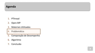 Agenda
8
1. PThread
2. Open.MP
3. Materiais Utilizados
4. Problemática
5. Comparação de Desempenho
6. Algoritmo
7. Conclusão
 