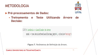 UFPA
CAMPUS UNIVERSITÁRIO DO TOCANTINS/CAMETÁ
METODOLOGIA
 Pré-processamentos de Dados:
 Treinamento e Teste Utilizando Árvore de
Decisão:
15
Figura 7. Parâmetros de Definição da Árvore.
 