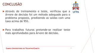 UFPA
CAMPUS UNIVERSITÁRIO DO TOCANTINS/CAMETÁ
CONCLUSÃO
 Através de treinamento e teste, verificou que a
Árvore de decisão foi um método adequado para o
problema proposto, predizendo as saídas com uma
taxa acima de 95%.
 Para trabalhos futuros pretende-se realizar teste
mais aprofundados para Árvore de decisão.
21
 