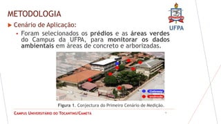 UFPA
CAMPUS UNIVERSITÁRIO DO TOCANTINS/CAMETÁ
METODOLOGIA
6
Figura 1. Conjectura do Primeiro Cenário de Medição.
 Cenário de Aplicação:
 Foram selecionados os prédios e as áreas verdes
do Campus da UFPA, para monitorar os dados
ambientais em áreas de concreto e arborizadas.
 
