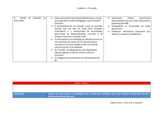 Trabalho 3 – 4ª sessão



D - Gestão    da   colecção/   da        Existe uma política documental definida para a escola,       Documento         Politica     Documental
informação                                aprovada pelo Conselho Pedagógico e pelo Conselho             desactualizado face aos novos documentos
                                          Executivo.                                                    propostos pela RBE
                                         O desenvolvimento da Colecção a que se procedeu              Desequilíbrio na constituição do fundo
                                          durante este ano teve em conta esses princípios               documental
                                          orientadores e a inventariação de necessidades               Problemas informáticos frequentes que
                                          decorrentes do desenvolvimento curricular e de                afectam o programa da biblioteca.
                                          projectos da escola, incluindo o PNL.
                                         A preocupação na actualização da colecção centrou-se
                                          nos interesses dos alunos do 3º ciclo para leitura
                                          recreativa e nas necessidades de AP e na área das
                                          ciências naturais e do ambiente.
                                         No “moodle” do Agrupamento a BE disponibiliza
                                          algumas ligações a sites de carácter cultural e
                                          recreativo.
                                         O catálogo da está disponível nos computadores da
                                          BE.




                                                                Tabela – Parte 2



Indicadores                         Acções de comunicação e de trabalho com a escola que contribuam para uma melhorar apropriação da BE e
                                    reconhecimento do seu valor.

                                                                                                       Jorge Ferreira – EB 2.3 de S. Gonçalo
 