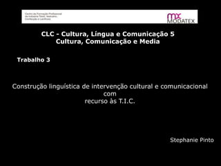 CLC - Cultura, Língua e Comunicação 5
Cultura, Comunicação e Media
Trabalho 3
Construção linguística de intervenção cultural e comunicacional
com
recurso às T.I.C.
Stephanie Pinto
 