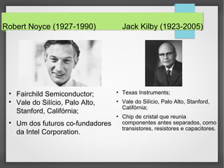 Robert Noyce (1927-1990) Jack Kilby (1923-2005)
 Texas Instruments;
 Vale do Silício, Palo Alto, Stanford,
Califórnia;
 Chip de cristal que reunia
componentes antes separados, como
transistores, resistores e capacitores.
• Fairchild Semiconductor;

Vale do Silício, Palo Alto,
Stanford, Califórnia;

Um dos futuros co-fundadores
da Intel Corporation.
 