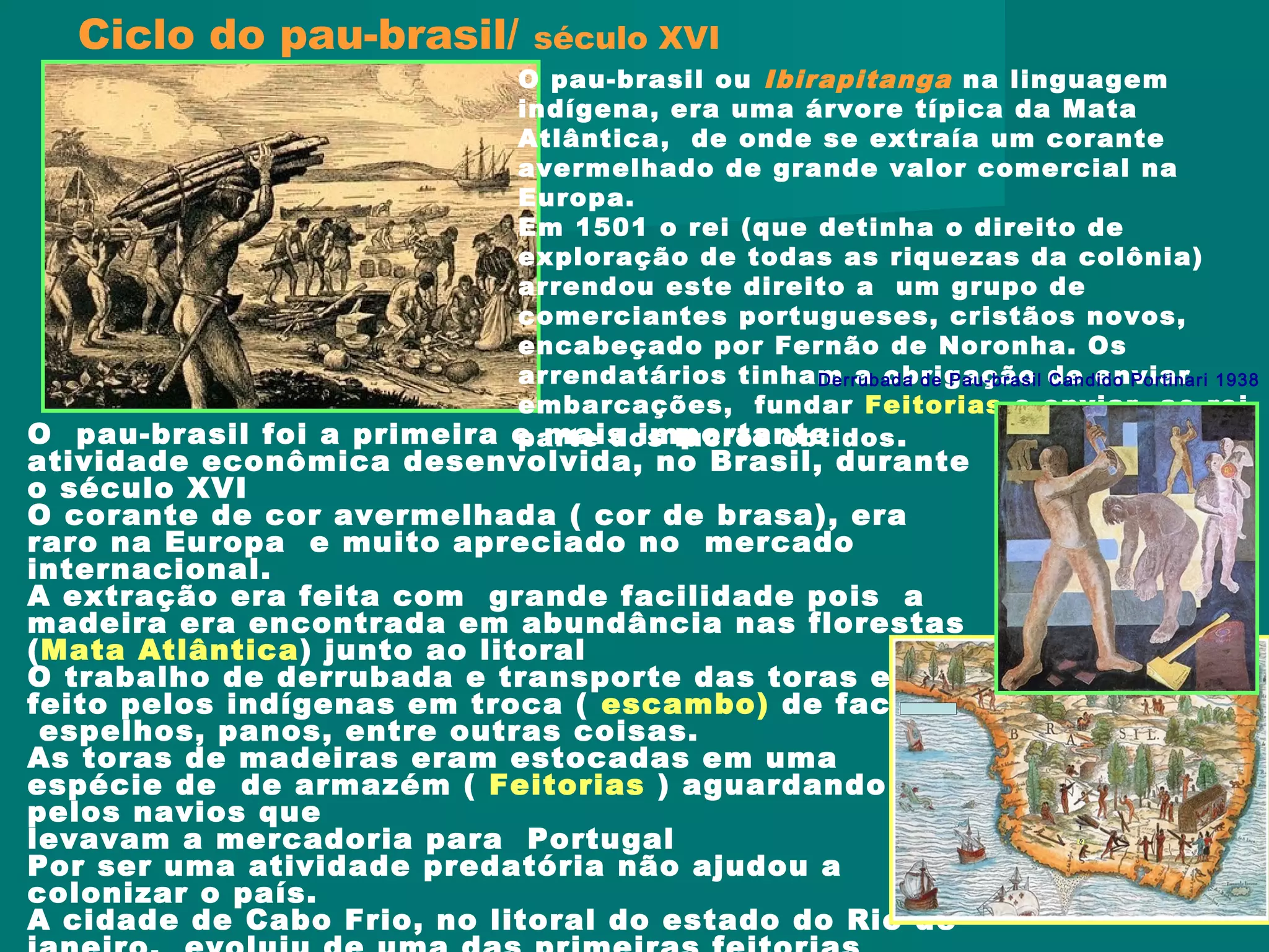 O pau-brasil ou Ibirapitanga na linguagem
indígena, era uma árvore típica da Mata
Atlântica, de onde se extraía um corante
avermelhado de grande valor comercial na
Europa.
Em 1501 o rei (que detinha o direito de
exploração de todas as riquezas da colônia)
arrendou este direito a um grupo de
comerciantes portugueses, cristãos novos,
encabeçado por Fernão de Noronha. Os
arrendatários tinham a obrigação de enviar
embarcações, fundar Feitorias e enviar ao rei
parte dos lucros obtidos.
Ciclo do pau-brasil/ século XVI
O pau-brasil foi a primeira e mais importante
atividade econômica desenvolvida, no Brasil, durante
o século XVI
O corante de cor avermelhada ( cor de brasa), era
raro na Europa e muito apreciado no mercado
internacional.
A extração era feita com grande facilidade pois a
madeira era encontrada em abundância nas florestas
(Mata Atlântica) junto ao litoral
O trabalho de derrubada e transporte das toras era
feito pelos indígenas em troca ( escambo) de facões,
espelhos, panos, entre outras coisas.
As toras de madeiras eram estocadas em uma
espécie de de armazém ( Feitorias ) aguardando
pelos navios que
levavam a mercadoria para Portugal
Por ser uma atividade predatória não ajudou a
colonizar o país.
A cidade de Cabo Frio, no litoral do estado do Rio de
Derrubada de Pau-brasil Candido Portinari 1938