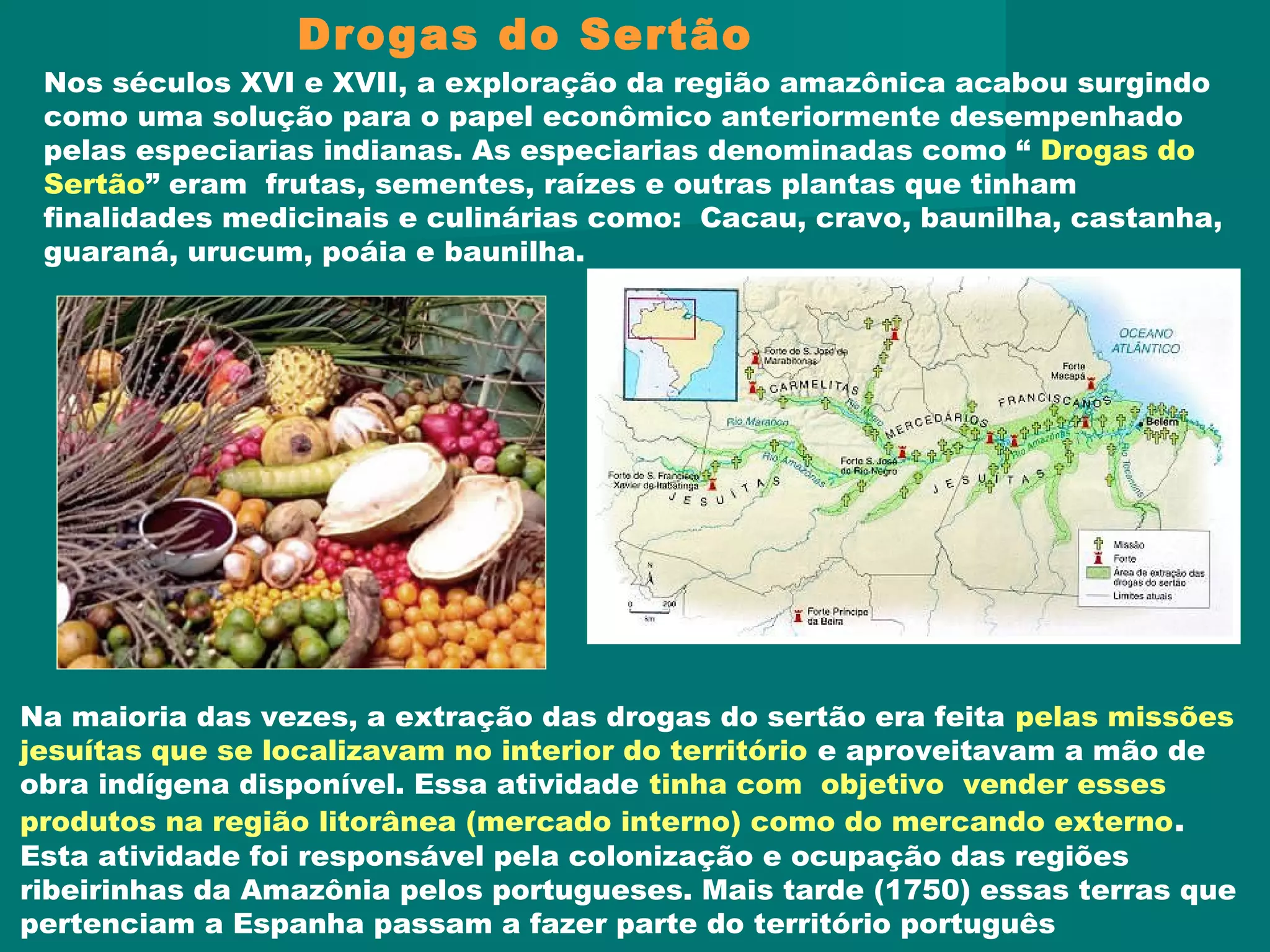 Nos séculos XVI e XVII, a exploração da região amazônica acabou surgindo
como uma solução para o papel econômico anteriormente desempenhado
pelas especiarias indianas. As especiarias denominadas como “ Drogas do
Sertão” eram frutas, sementes, raízes e outras plantas que tinham
finalidades medicinais e culinárias como: Cacau, cravo, baunilha, castanha,
guaraná, urucum, poáia e baunilha.
Drogas do Sertão
Na maioria das vezes, a extração das drogas do sertão era feita pelas missões
jesuítas que se localizavam no interior do território e aproveitavam a mão de
obra indígena disponível. Essa atividade tinha com objetivo vender esses
produtos na região litorânea (mercado interno) como do mercando externo.
Esta atividade foi responsável pela colonização e ocupação das regiões
ribeirinhas da Amazônia pelos portugueses. Mais tarde (1750) essas terras que
pertenciam a Espanha passam a fazer parte do território português