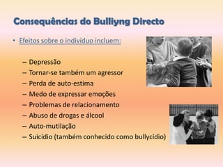 … Características dos IntervenientesCaracterísticas dos agressores:AutoritáriosTêm necessidade de controlar e dominar os outros.Pertencem a famílias desestruturadas.Os seus pais exercem uma supervisão pobre sobre eles.