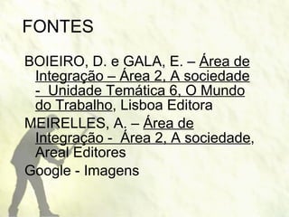 FONTES BOIEIRO, D. e GALA, E. –  Área de Integração – Área 2, A sociedade -  Unidade Temática 6, O Mundo do Trabalho , Lisboa Editora MEIRELLES, A. –  Área de Integração -  Área 2, A sociedade , Areal Editores Google - Imagens 