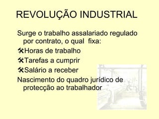 REVOLUÇÃO INDUSTRIAL Surge o trabalho assalariado regulado por contrato, o qual  fixa: Horas de trabalho Tarefas a cumprir Salário a receber Nascimento do quadro jurídico de protecção ao trabalhador 