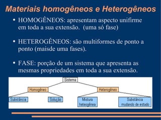 Materiais homogêneos e Heterogêneos HOMOGÊNEOS: apresentam aspecto unifirme em toda a sua extensão.  (uma só fase) HETEROGÊNEOS: são multiformes de ponto a ponto (maisde uma fases). FASE: porção de um sistema que apresenta as mesmas propriedades em toda a sua extensão. 