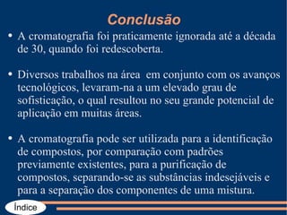 Conclusão A cromatografia foi praticamente ignorada até a década de 30, quando foi redescoberta.  Diversos trabalhos na área  em conjunto com os avanços tecnológicos, levaram-na a um elevado grau de sofisticação, o qual resultou no seu grande potencial de aplicação em muitas áreas. A cromatografia pode ser utilizada para a identificação de compostos, por comparação com padrões previamente existentes, para a purificação de compostos, separando-se as substâncias indesejáveis e para a separação dos componentes de uma mistura. 